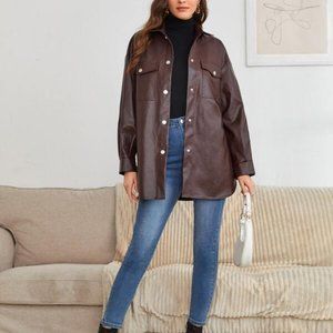 Tall Button Front Flap Pocket Drop Shoulder PU Leather Coat